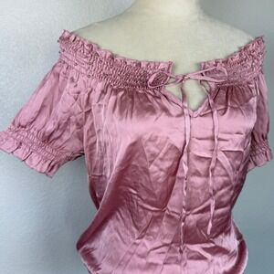 Romy Y2K Beaded Off The Shoulder Satin Smocked Blouse Top Tie Front Pink Women's